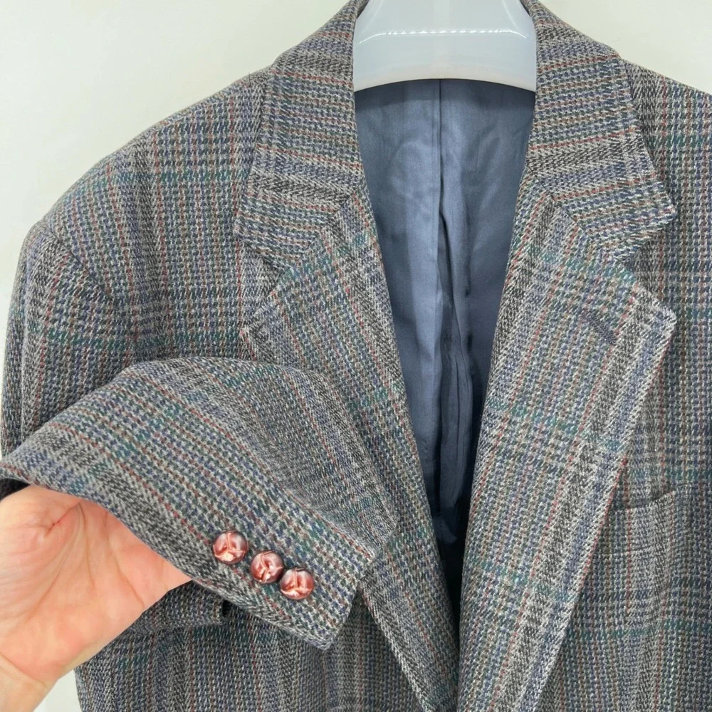 Men's Pendleton Blazer Jacket Wool Dark Blue Plaid‎ Leather Buttons Size 46